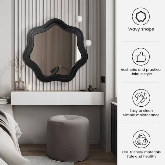 Glitzhome® 33.5" Modern Black Triple Wood Frame Wavy Wall Mirror